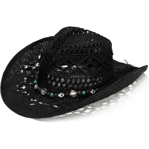 Accessories - Faux Raffia Cowboy Hat Wide Brim Sun Protection Beach Vacation Accessory